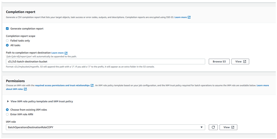 Under Completion report, enter the path of the bucket in the dest. account where you want to store the batch job report.