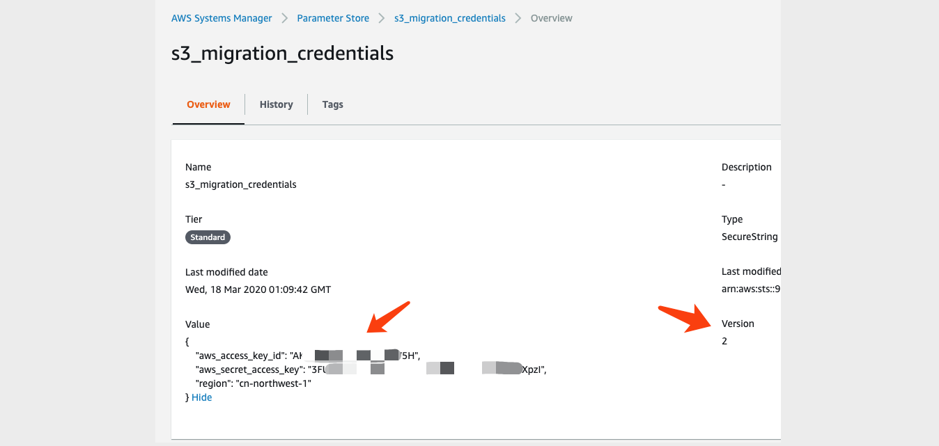 Create an AWS SSM Parameter Store with Name, Type, Tier, KMS key source, and Value