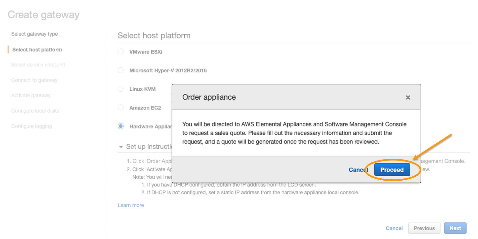 Click to proceed through the pop-up message informing you that you are being directed to the AWS Elemental Appliances and Software Management console