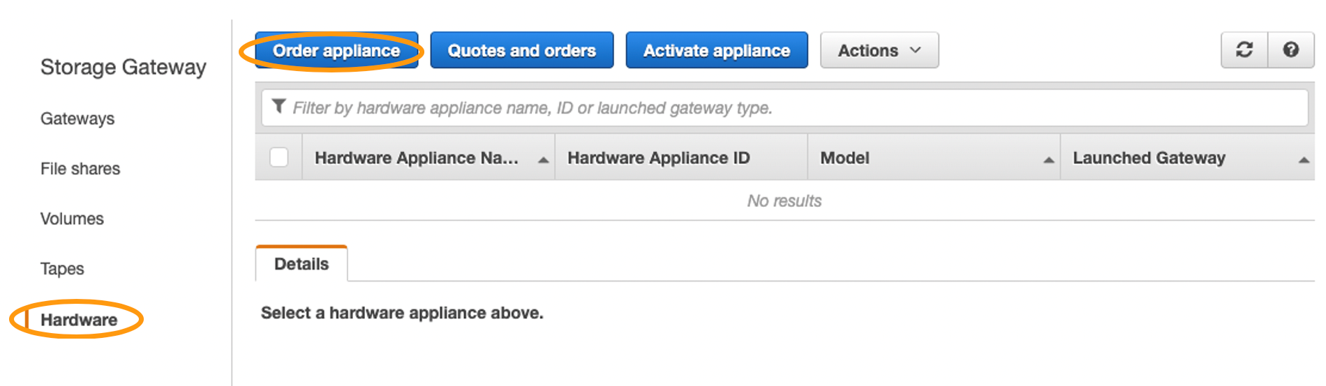 If you are an existing Storage Gateway customer with active gateways, select the Hardware tab from the list on the left, then select Order appliance.
