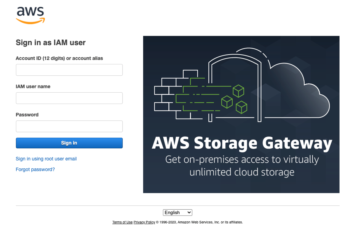 Log in to the AWS Managemenet Console using your AWS account credentials