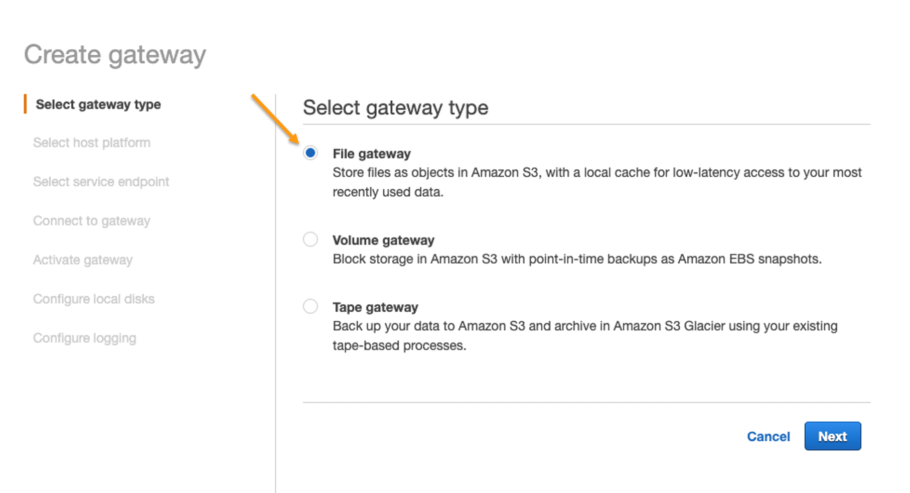 Next, you are asked to choose the type of Storage Gateway you would like to create