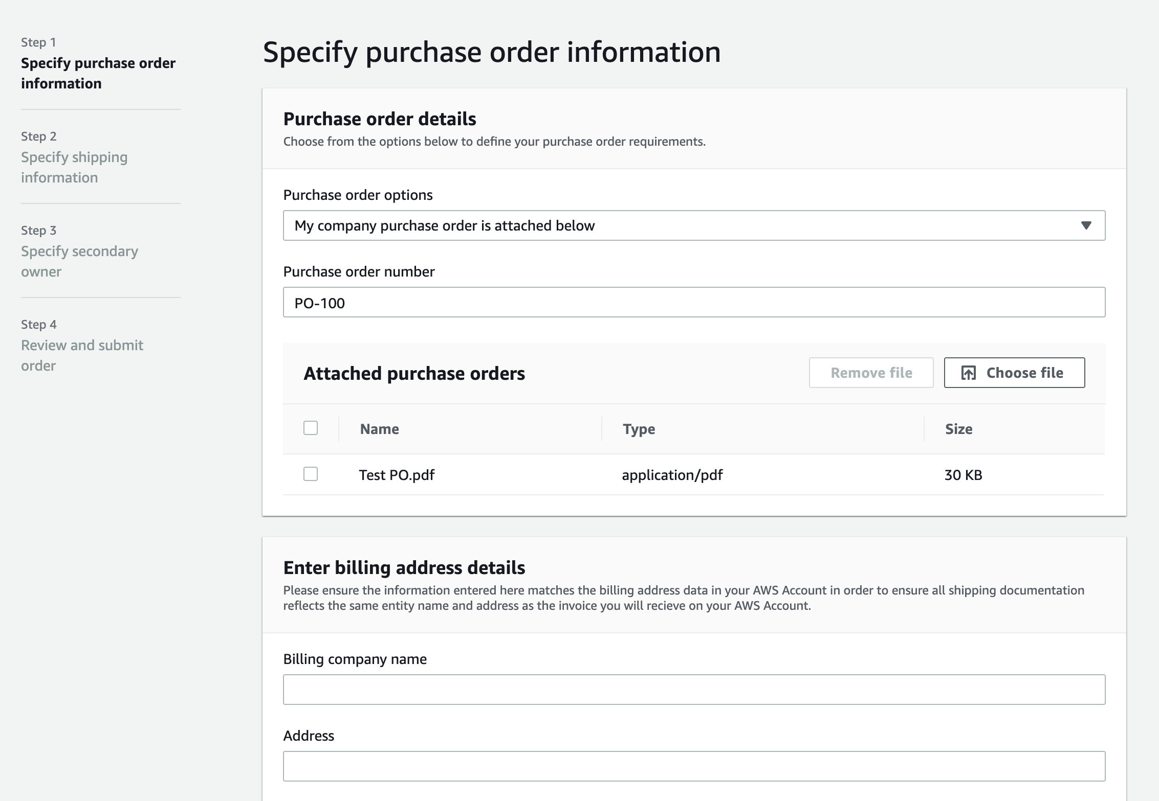 Once you have confirmed the qute, you must submit your purchase order and provide your company billing information.