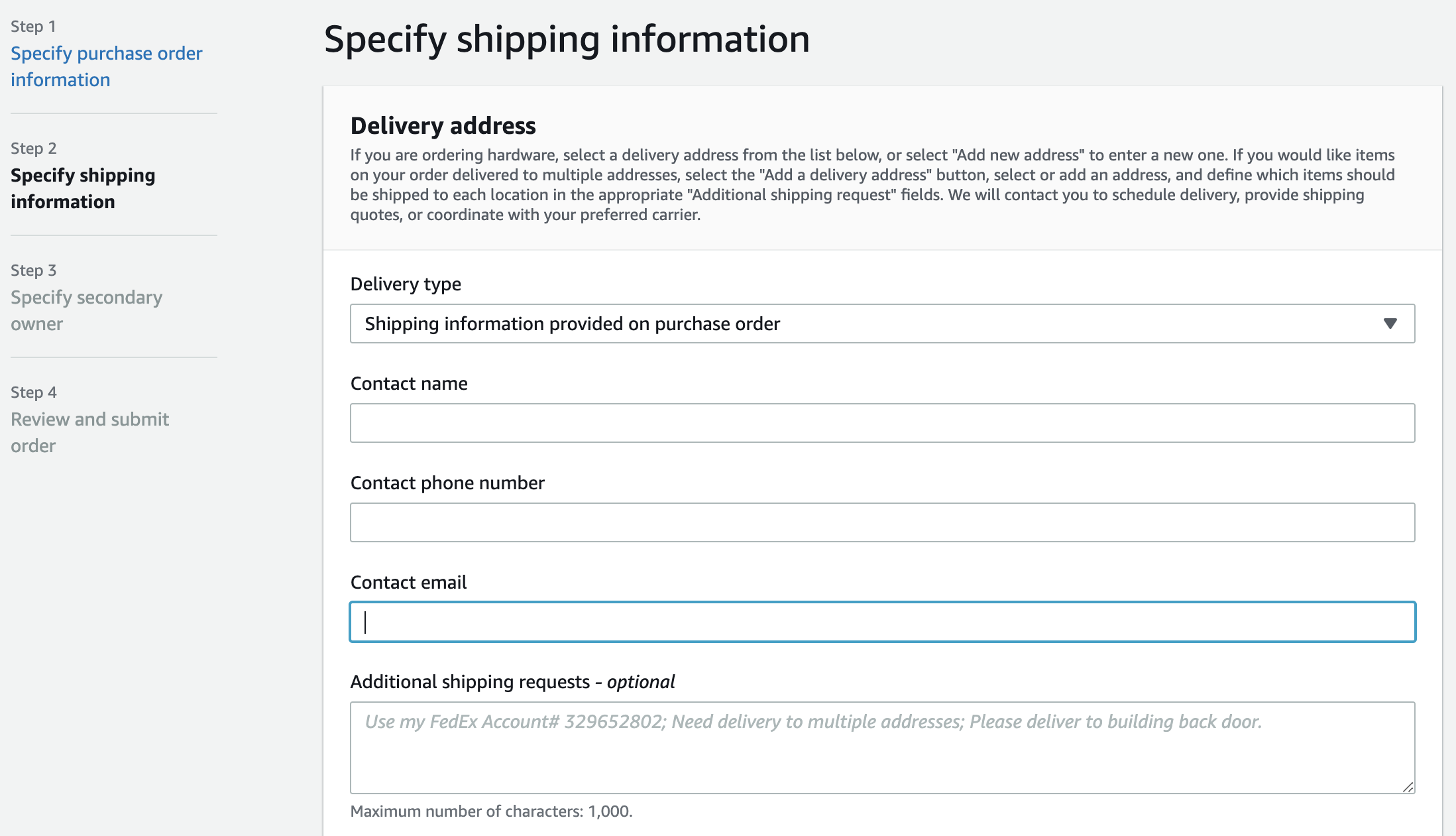 Specify the shipping information, and review and submit the order.