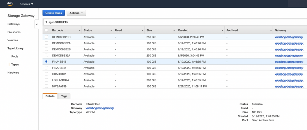 Tape Details showing WORM tape type