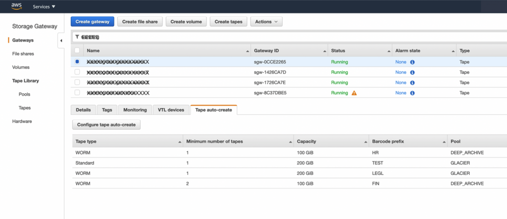 Tape auto-create Details showing WORM and Standard tape types