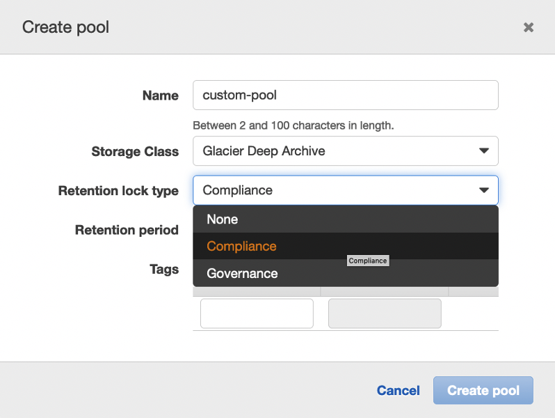 Create custom pool with Tape Retention Lock