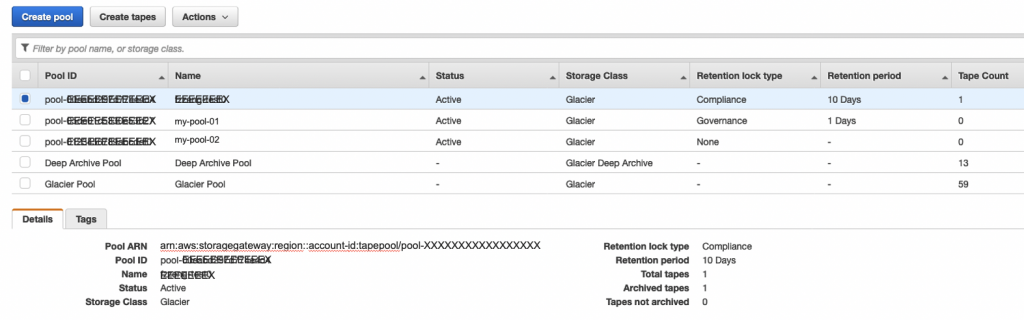 Pool Details showing Tape Retention Lock