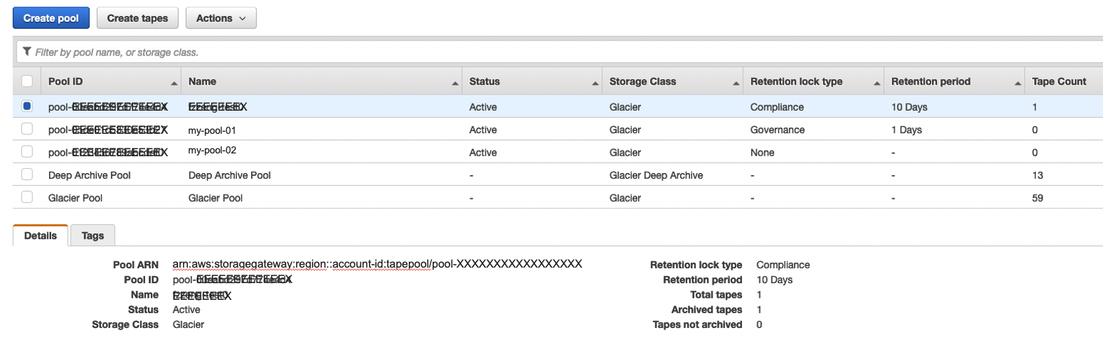 Pool Details showing Tape Retention Lock