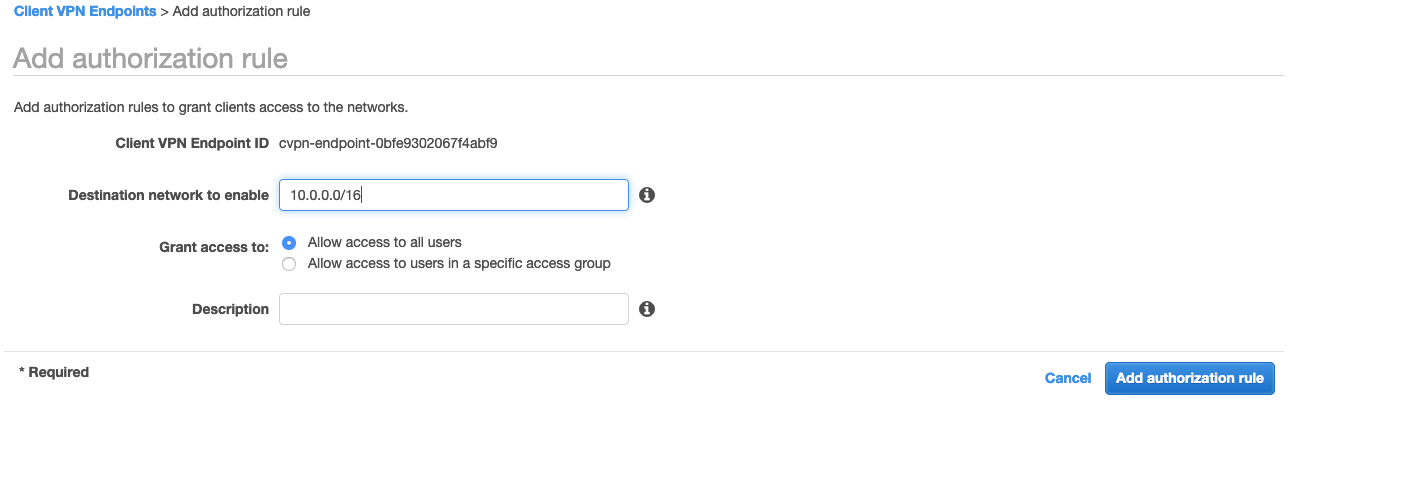 To allow ingress from the VPN connections, go to Authoriations, select Allow Ingress and enter the Amazon VPC CIDR as the destination network.