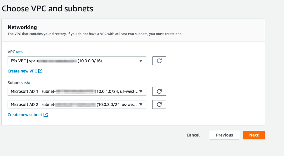 Under VPC, select your new Amazon VPC, and under Subnets, choose the subnets you created for the AWS Managed Microsoft AD.