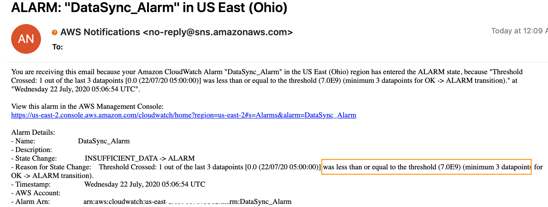 Example of the CloudWatch alarm that gets sent to your email