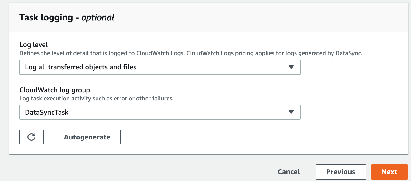 To enable detailed logging on DataSync, you can choose your existing CloudWatch Log group when you configure the DataSync task