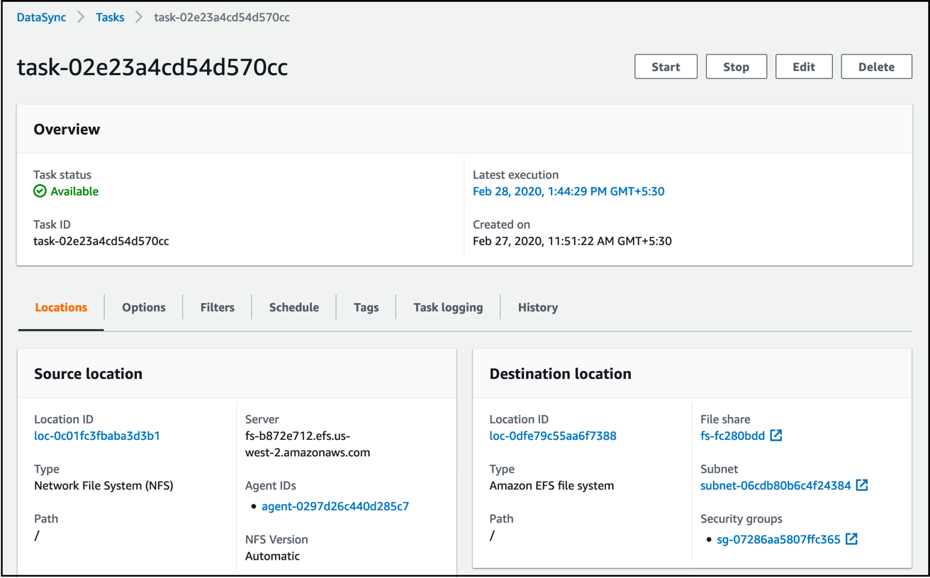 A DataSync task with overview, source location, and destination location