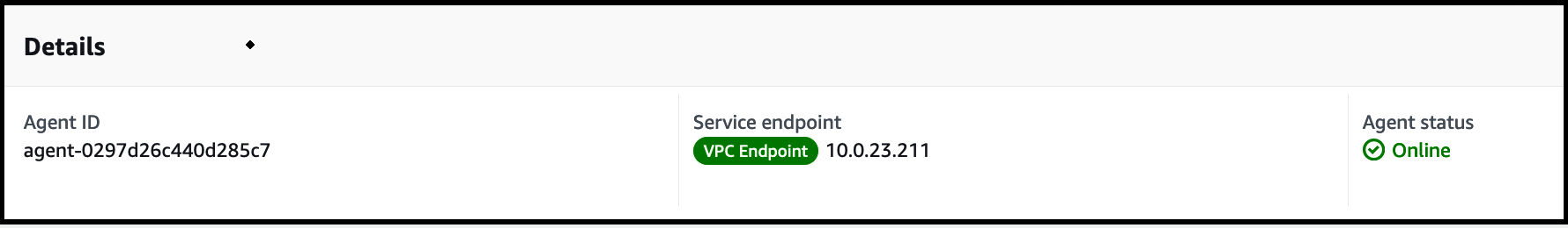 A successfully activated DataSync agent with Agent ID and Service endpoint.