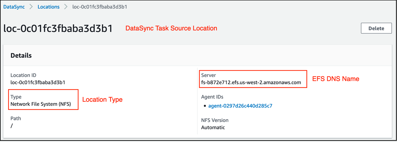 Source location configuration in detail, with location type as NFS and Server as the EFS DNS name.