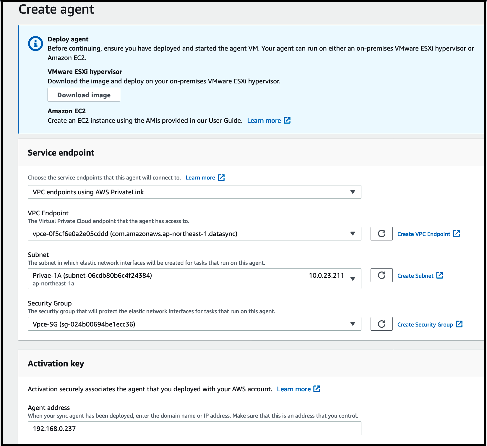 The Create agent page for a DataSync agent.