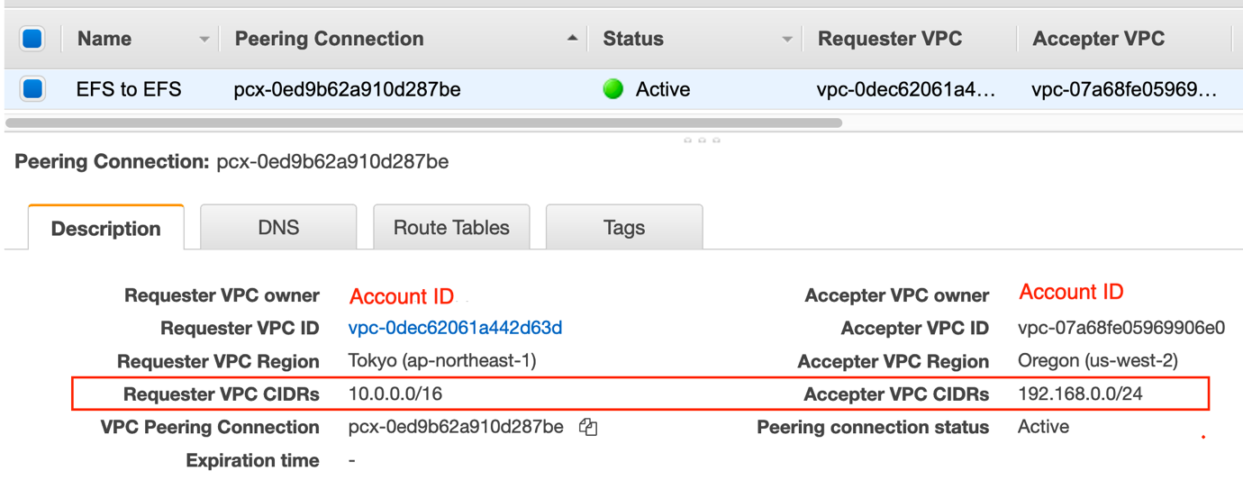 This screenshot shows the VPC peering setup between the source and destination VPC