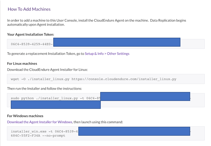 After saving Replication Settings, you are presented with a dialog showing the instructions for downloading and installing the CloudEndure Migration agent.