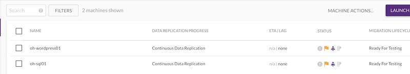 When replication is complete, the replication status will change from a progress bar to Continuous Data Replication