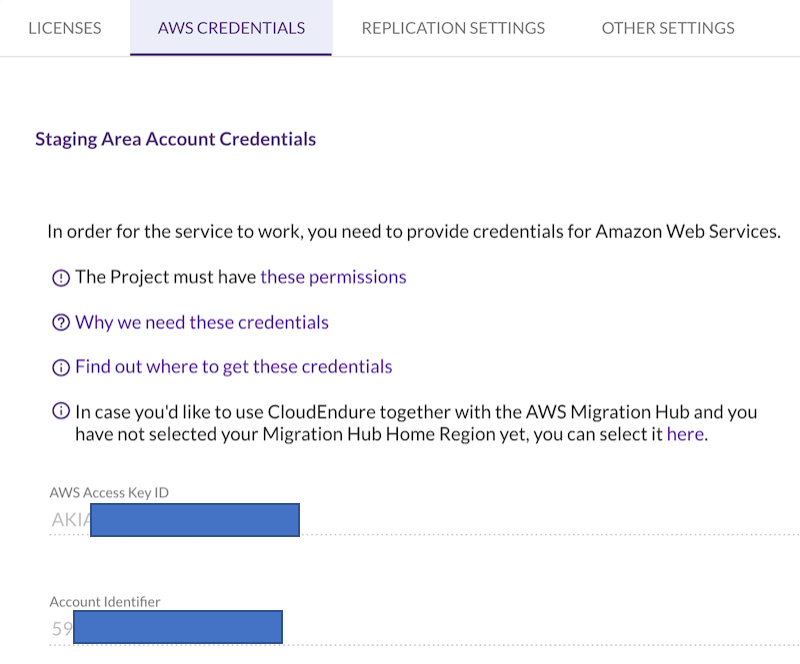 You will be prompted to set up the new project in the Setup & Info tab, beginning with entering the credential for the CE Migration IAM user.