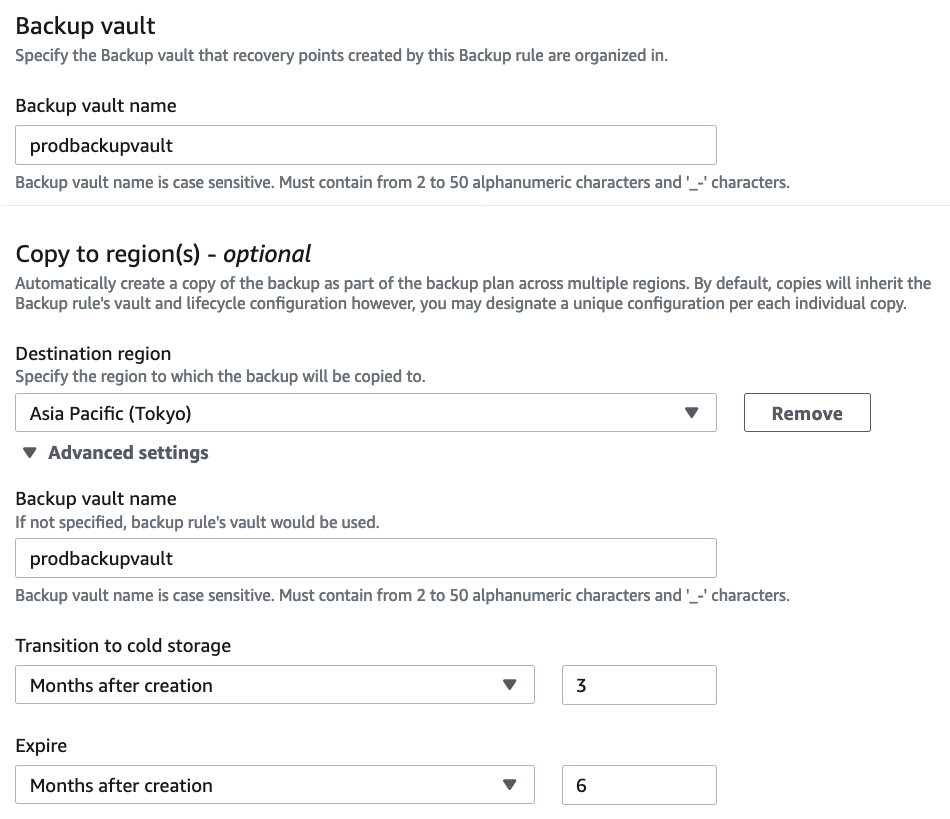 For Copy to region(s), select Asia Pacific (Tokyo) in Destination Region. Expand Advanced settings, enter prodbackupvault in Backup vault name.