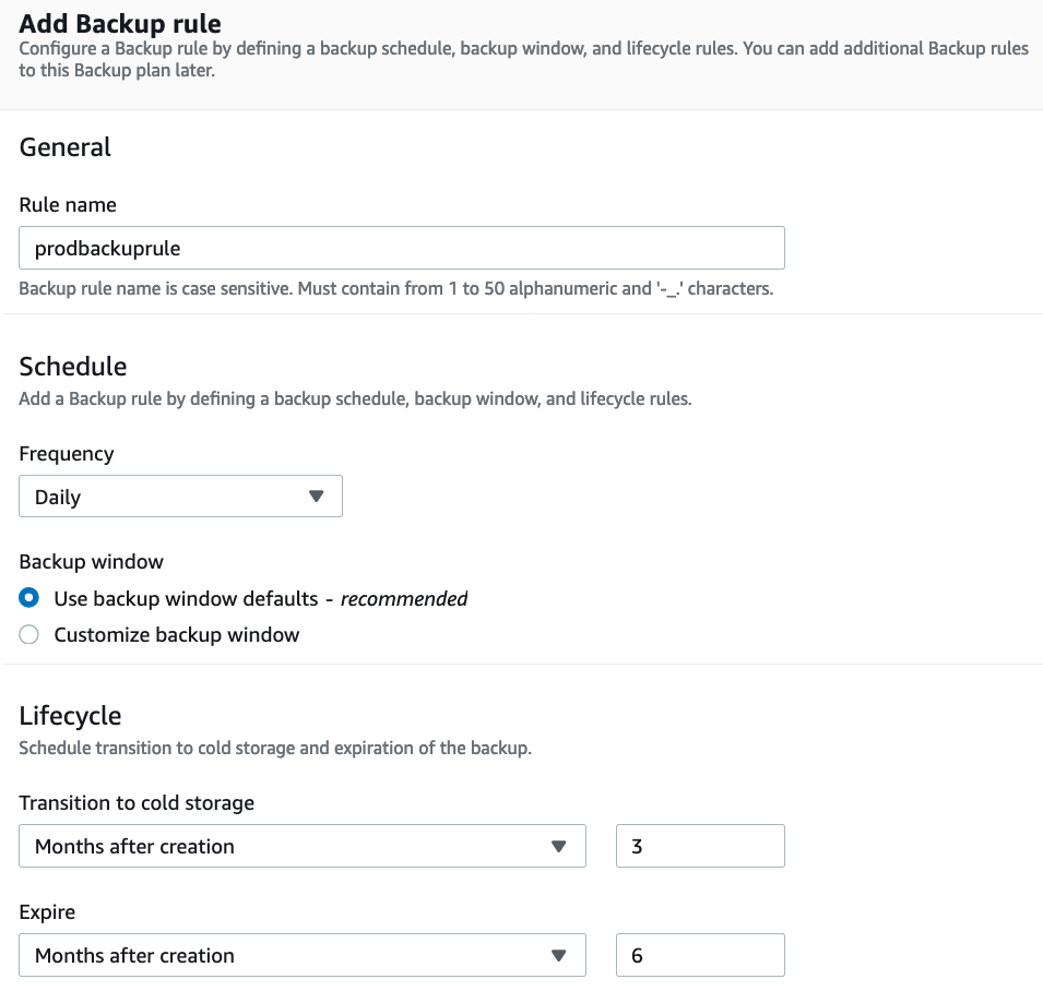 In Lifecycle, choose Transition to cold storage after 3 months after creation and Expire 6 months after creation.