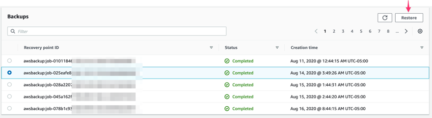To restore a backup via AWS Backup console, choose Protected resources and select the Resource ID
