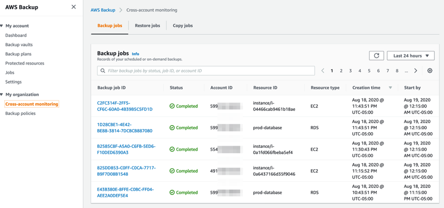 Within the master account, you can monitor backup, copy, and restore jobs across your AWS accounts under Cross-account monitoring in AWS Backup console.