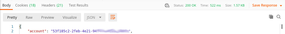 200 OK response, with response body showing account details