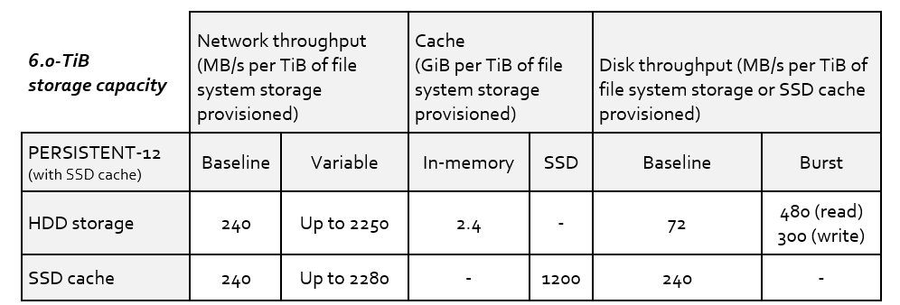 Performance values for network throughput, cache, and storage throughput for the 6.0-TiB file system