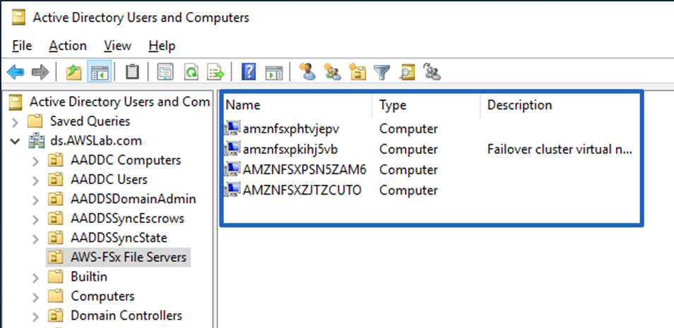 Amazon FSx computer objects in the specified OU