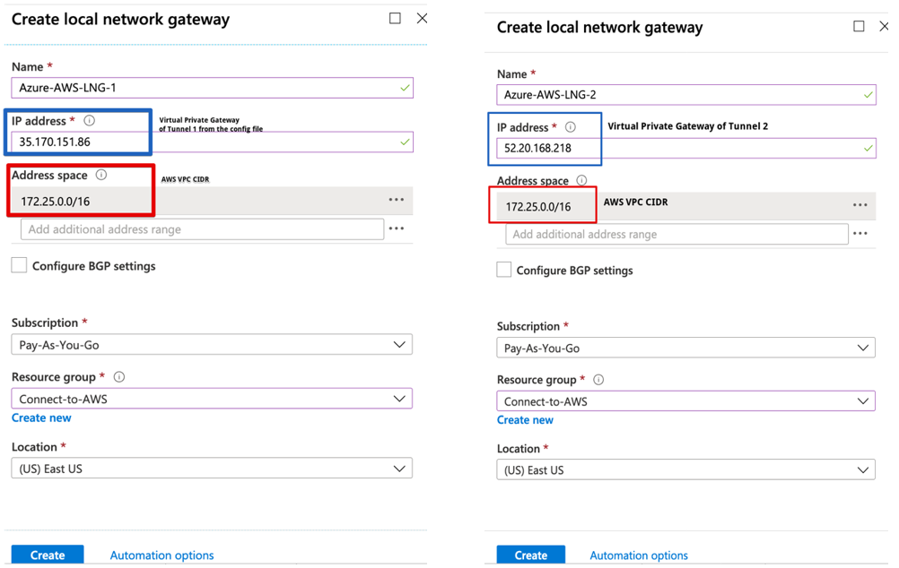 Create 2 Local Network Gateways, one for each tunnel of your Amazon VPN.