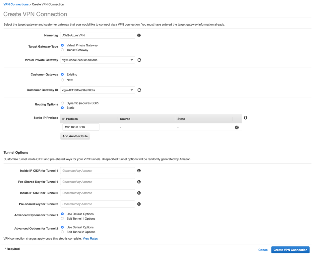 Create site-to-site VPN connection to Azure. Choose the previously created Customer Gateway and Virtual Private Gateway