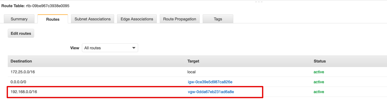 Next, create Routes on the Amazon VPC Route Table.