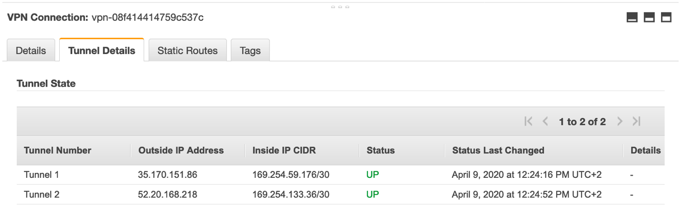 The tunnels show as UP for VPN connection on AWS