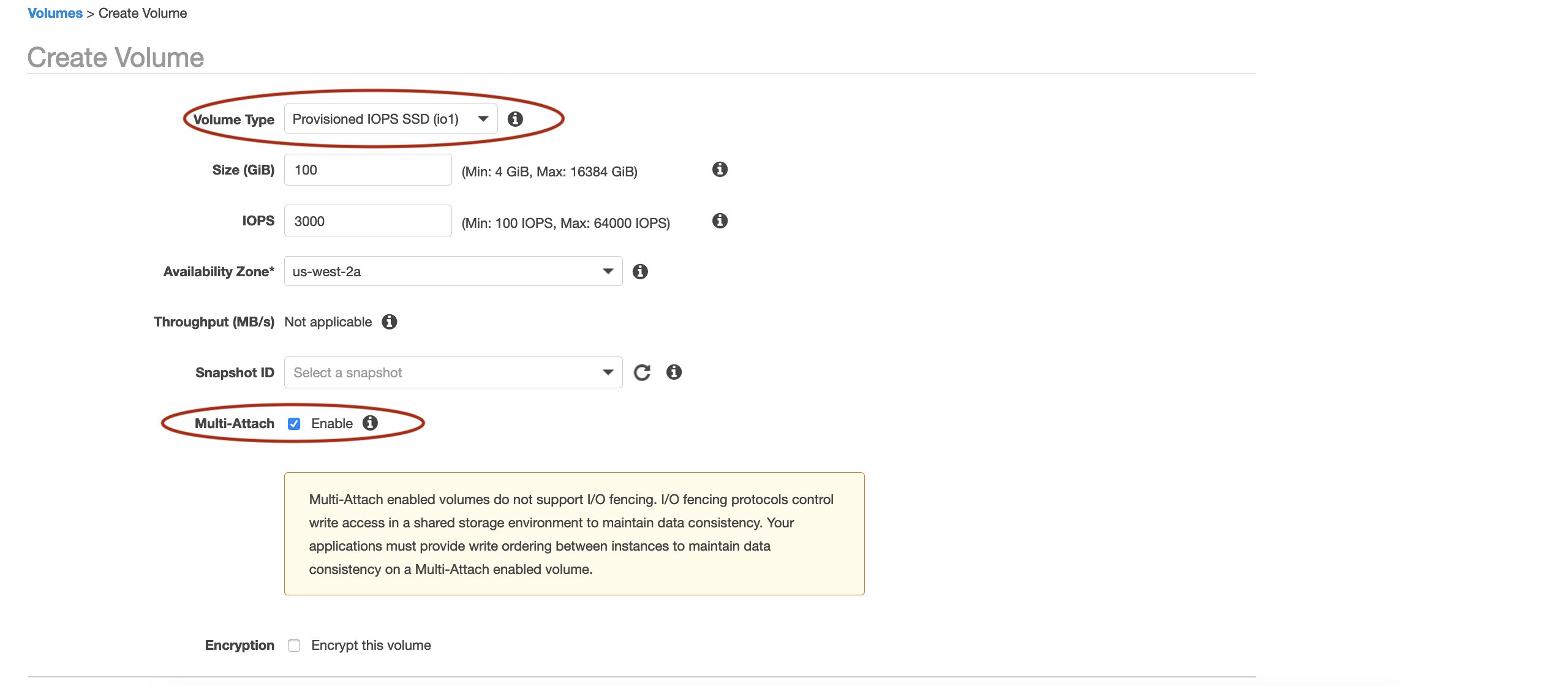 Figure 4 - Creating an io1 EBS volume with Multi-Attach enabled