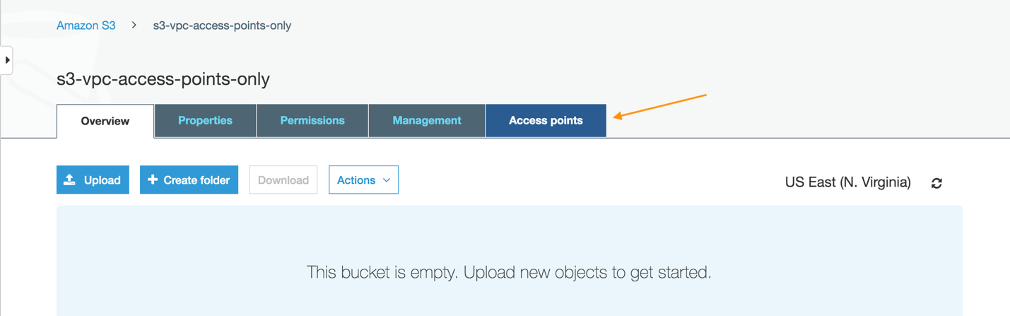 Choosing Access points in the Amazon S3 Console after finding the bucket you want to allow access from your VPCs