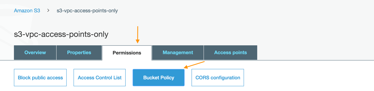 Click Permissions, then click Bucket Policy