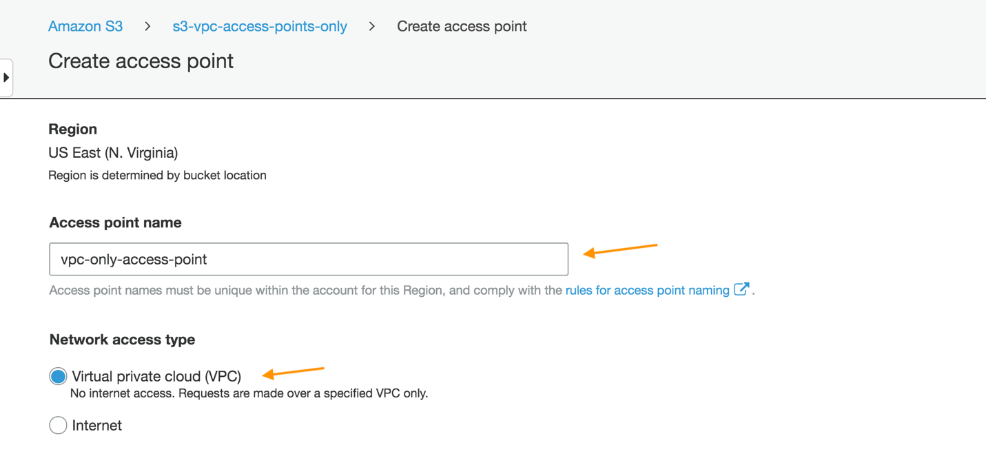 Filling out the Create access point page by providing a name and selecting VPC for Network access type