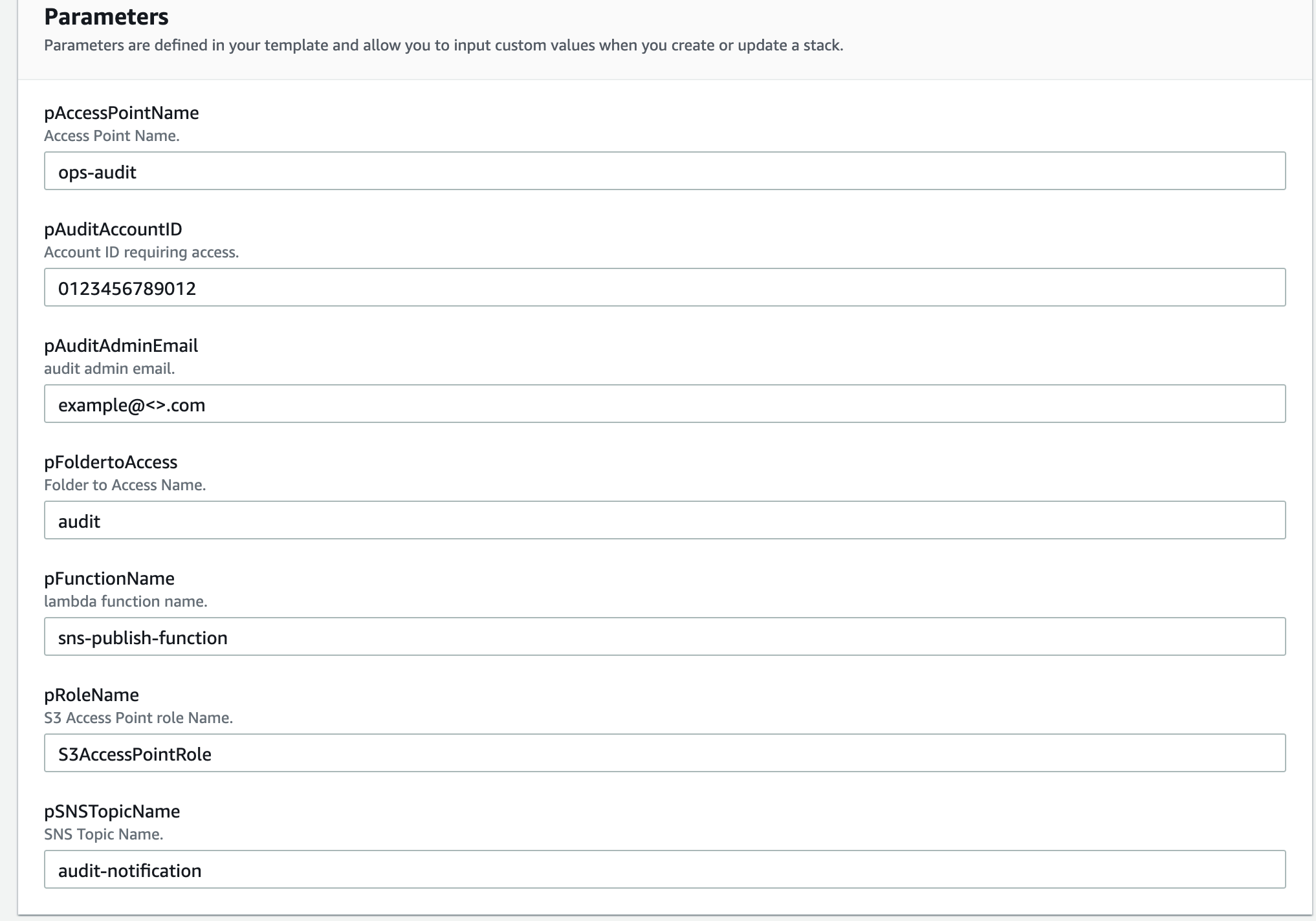 Here is a sample AWS CloudFormation template for S3 Access Point deployment. Please note that the following parameters can be changed depending on preference.