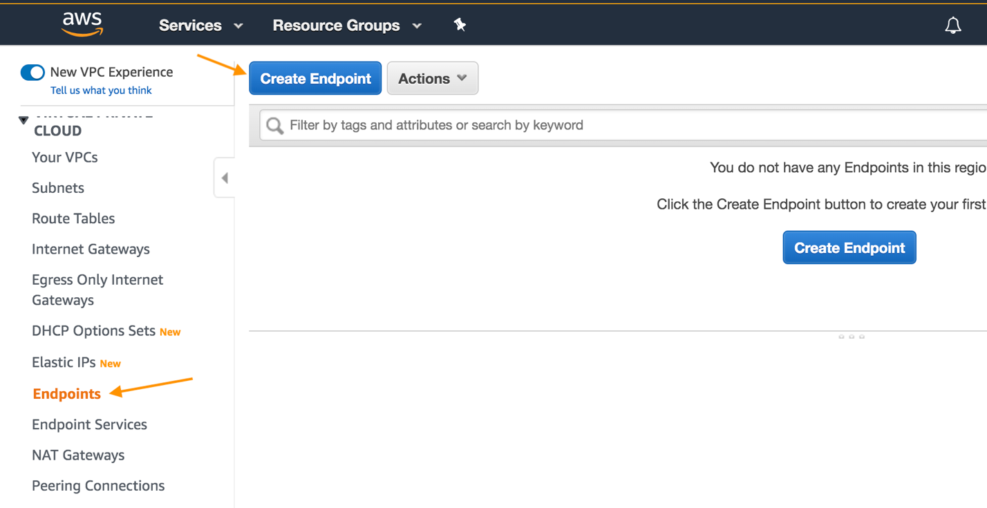 Navigate to the VPC console and click Endpoints from the left navigation menu