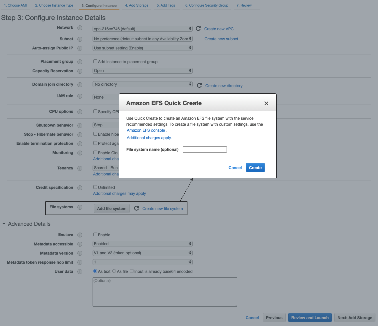 Step three (configure instance details) of the EC2 LIW, with box and arrow.