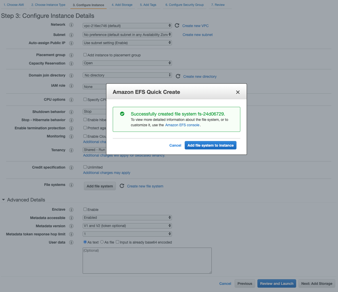 To complete your file system creation with the service recommended settings, choose the Create button on the widget.