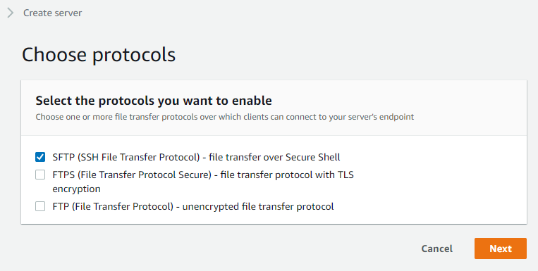 Choosing SFTP as your server protocol