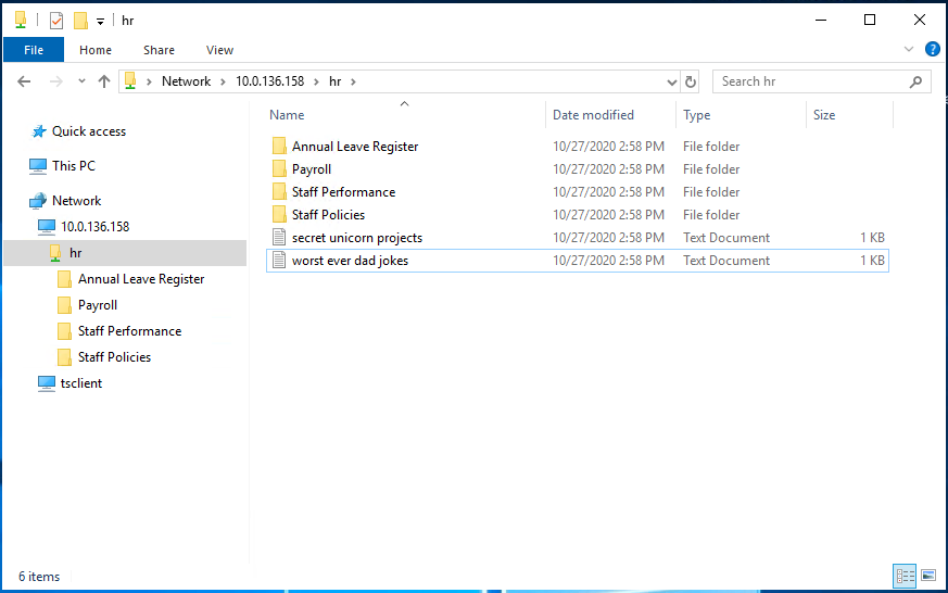 Immediately we can see some folders, which all users should know about, such as Staff Policies and Annual Leave Register.
