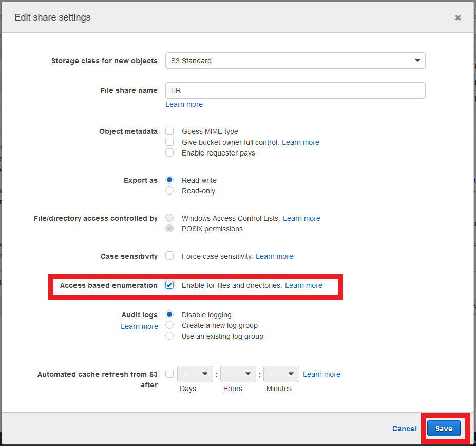The next step is to update the HR SMB file share configuration on the File Gateway, enabling ABE by checking Access based enumeration.