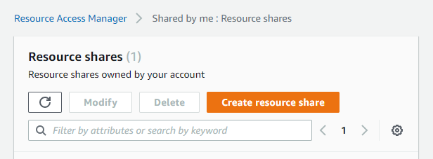 To create a resource share, go to AWS Resource Access Manager in the AWS Management Console. Select Create resource share.