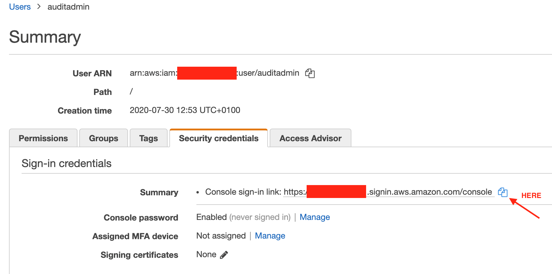 Click on the user and open the Security Credentials tab to copy the console link.