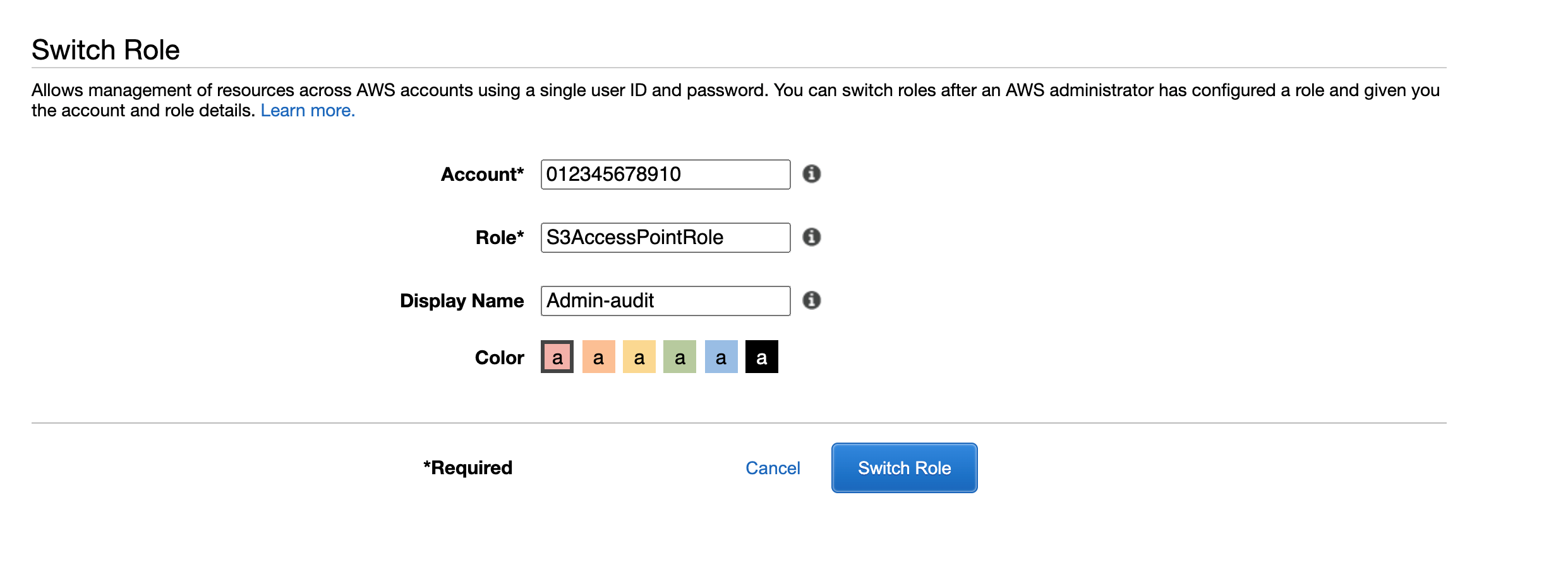 Enter the pAuditAccountID of Account A for Account and the pRoleName (S3AccessPointRole) for Role. The Display Name can be anything.